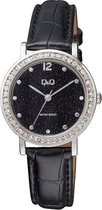 Prachtig Q&Q dames horloge met zwart lederen band QB45J302