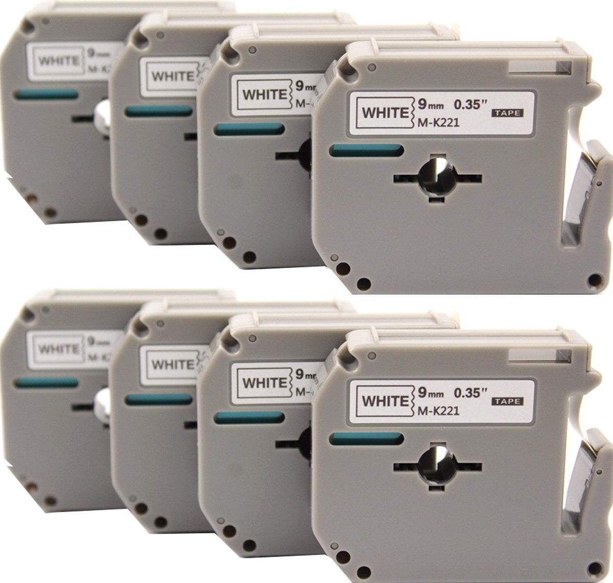 KATRIZ® huismerk label tape voor Brother M-K221| PT-65/70/80/90/M98 | Zwart op Wit | 9mm*8m | 8 stuks