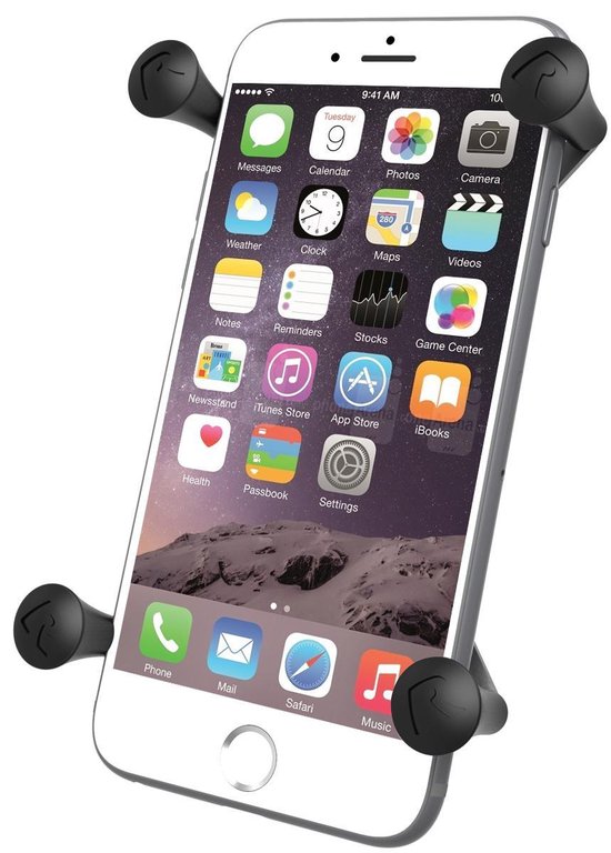 Zwarte iPhone in RAM Mounts X-Grip houder. Thuisknop en iconen zichtbaar.