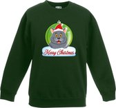 Kersttrui Merry Christmas grijze kat / poes kerstbal groen jongens en meisjes - Kerstruien kind 3-4 jaar (98/104)