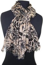 Dames sjaal - gekreukt katoen - dierenprint - luipaard - leopard - panter - beige - zwart - grijs - 35 x 180 cm