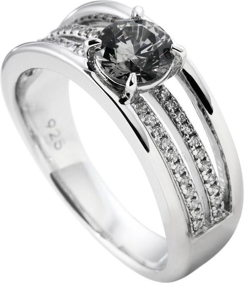 Diamonfire Zilveren ring met steen Maat 19.5 Gladde ring Grijze steen Chaton Diamonfire Zilveren ring met steen Maat 19.5 Gladde ring Grijze steen Chaton