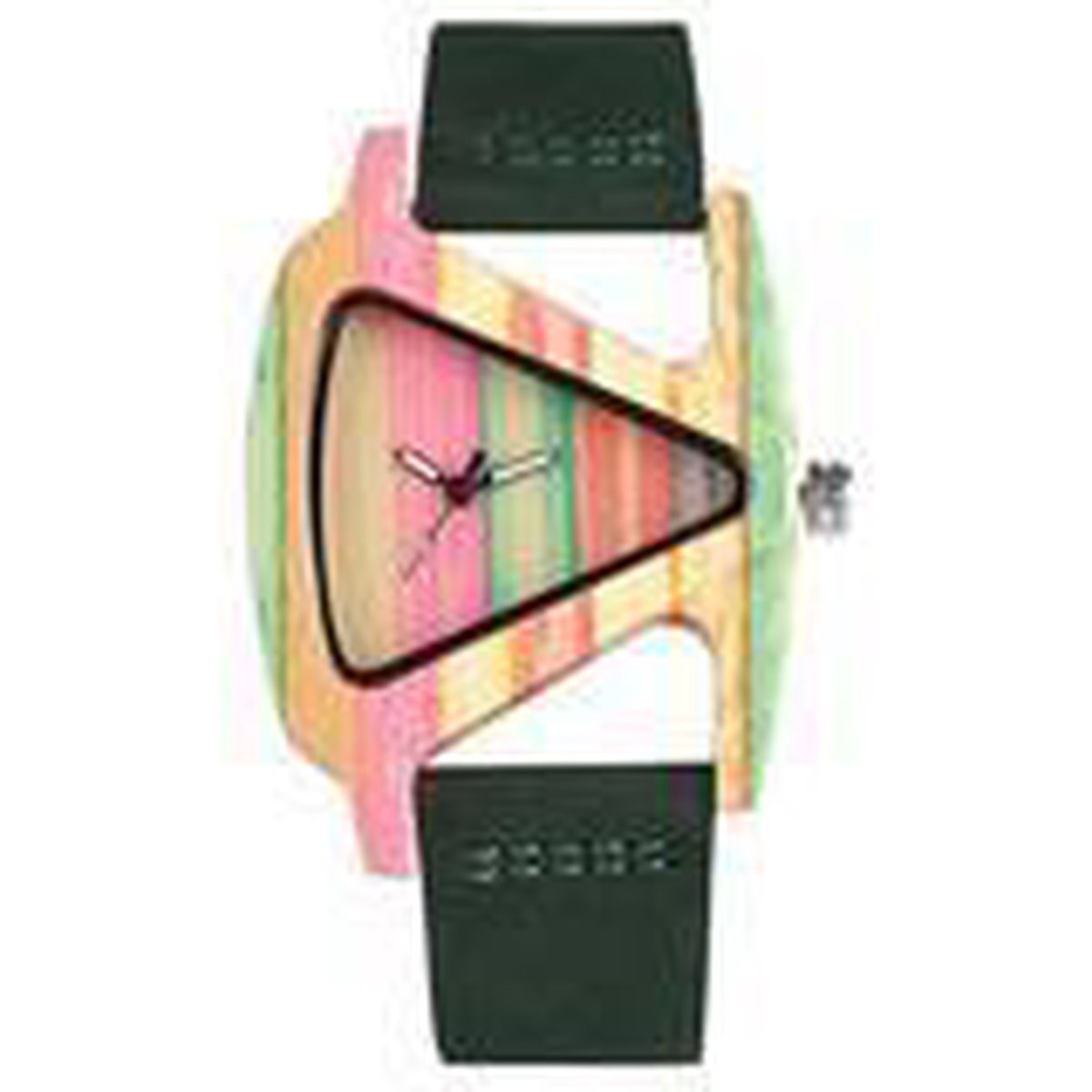 Houten horloge met groene leren band driehoekvormig