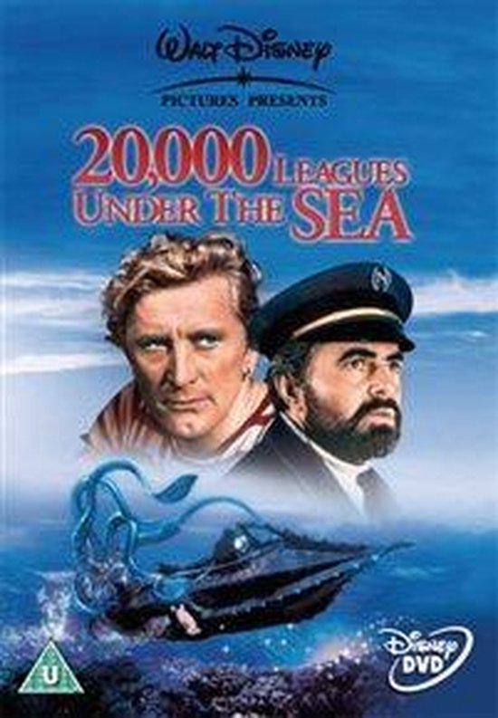 DVD-hoes voor '20.000 mijlen onder zee' met Kirk Douglas en Peter Lorre, een duikboot en een inktvis.