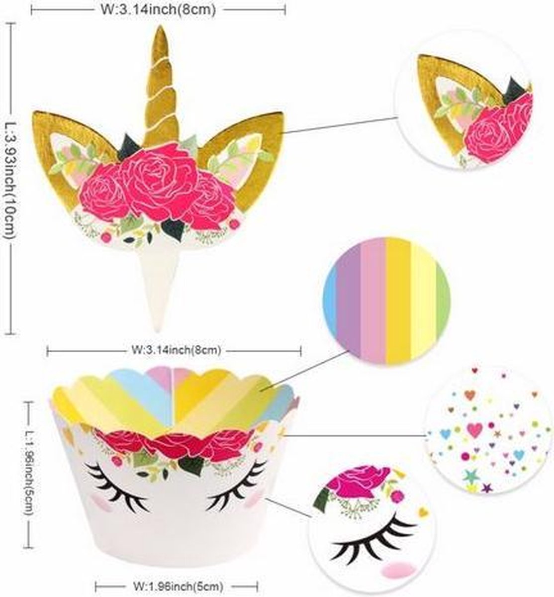 24 stuks cupcake omslagen + 24 toppers Unicorn / eenhoorn