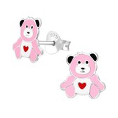 Joy|S - Zilveren beer oorbellen 9 mm roze met rood hartje
