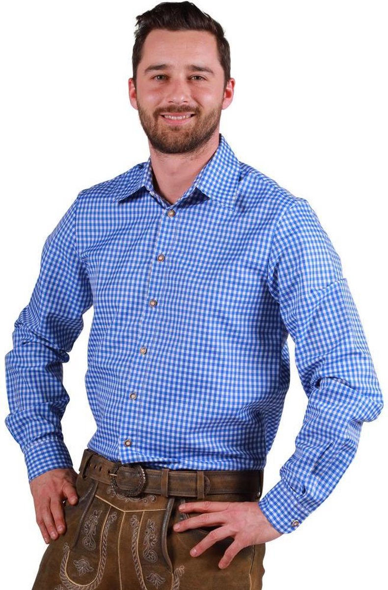 Overhemd blauw-wit geruit 100% polyester