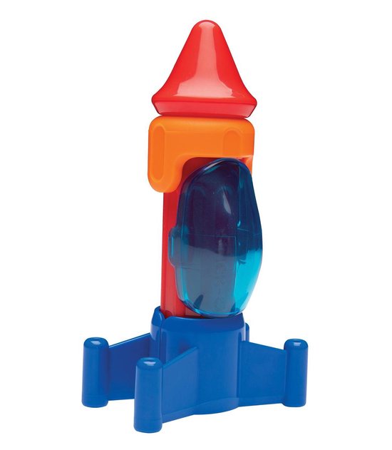 Rood, oranje en blauw raket speelgoed met transparant blauwe cockpit.