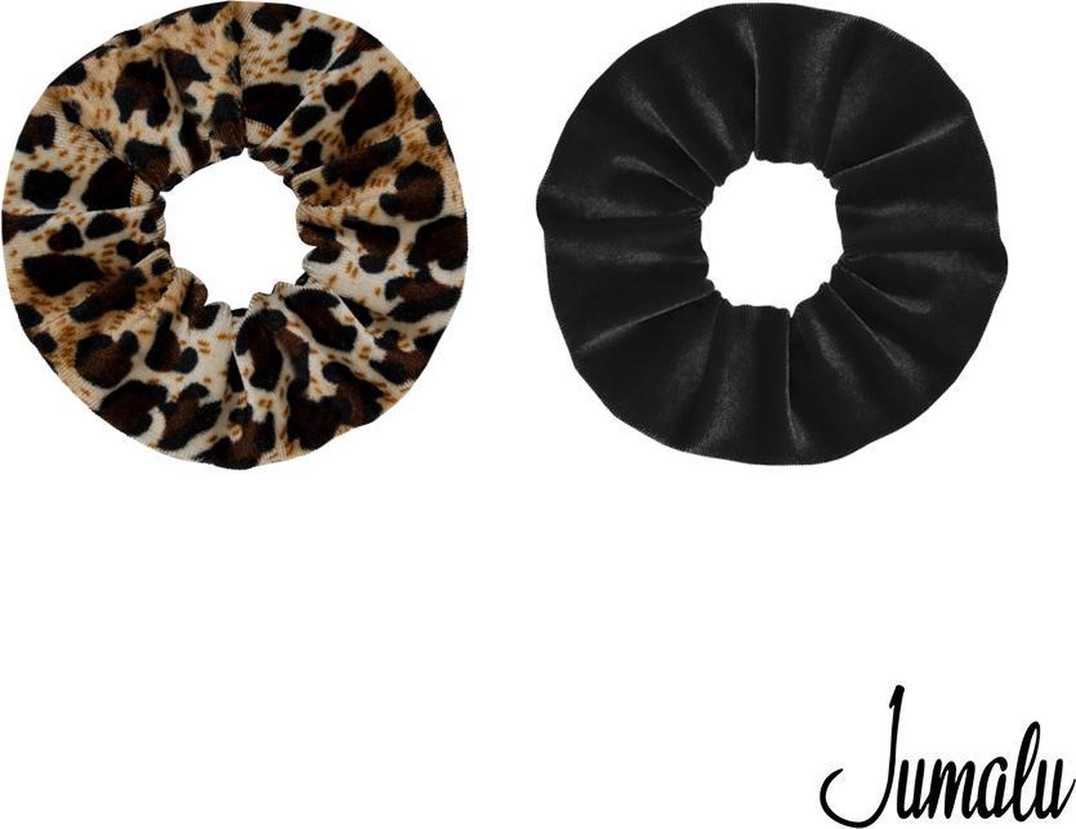 Jumalu scrunchie velvet haarwokkel haarelastiekjes - panterprint en zwart - 2 stuks