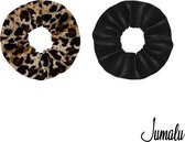 Jumalu scrunchie velvet haarwokkel haarelastiekjes - panterprint en zwart - 2 stuks