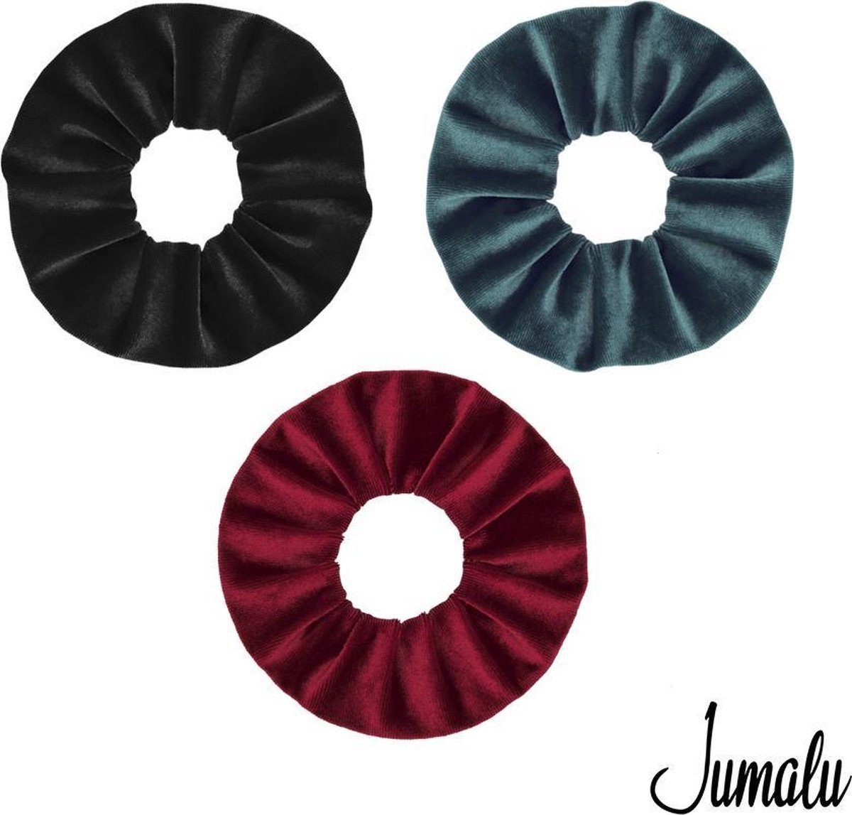 Jumalu scrunchie velvet haarwokkel haarelastiekjes - groenblauw, bordeaux en zwart - 3 stuks