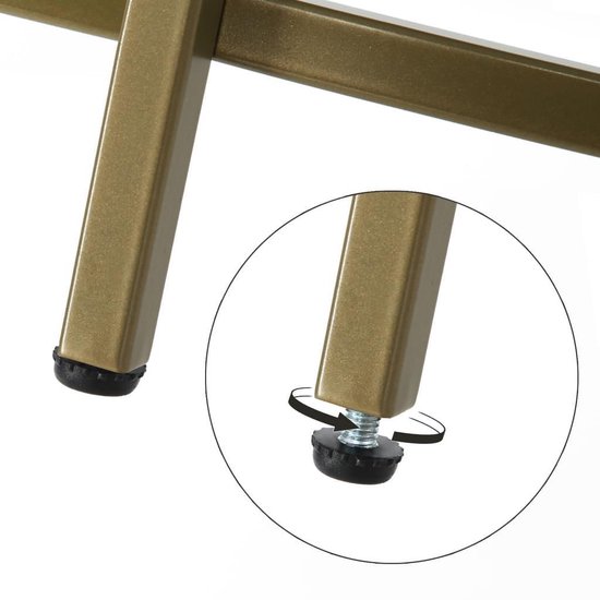 Detail van de voet van de salontafel. De gouden poten hebben verstelbare zwarte doppen.