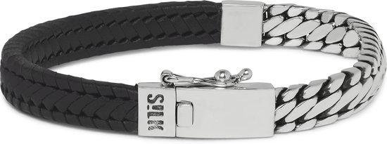 SILK Jewellery - Zilveren Armband - Bold - 277BLK.21 - zwart leer - Maat 21