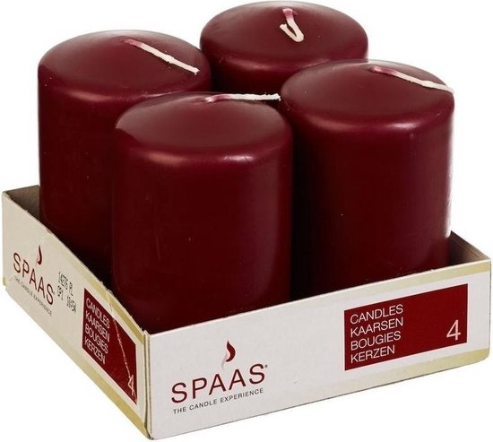4x stuks Bordeaux rode cilinderkaarsen/stompkaarsen 5 x 8 cm 12 branduren - Geurloze kaarsen