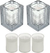 2x Transparante glazen kaarsenhouders met kaars en 3x navullingen 7 x 10 cm 24 branduren - Geurloze kaarsen - Woondecoraties