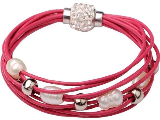 Zoetwaterparel armband Bling Pearl Red - echte parels - echt leer - wit - rood - zilver - magneetslot