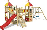 WICKEY speeltoestel ridderkasteel Smart Queen met schommel, rood-geel zeil & rode glijbaan, outdoor kinderklimtoren met zandbak, ladder & speelaccessoires voor de tuin