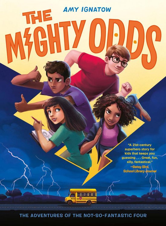 Boekomslag van 'The Mighty Odds' met vier kinderen en een gele schoolbus, getekend in een stripboekstijl.