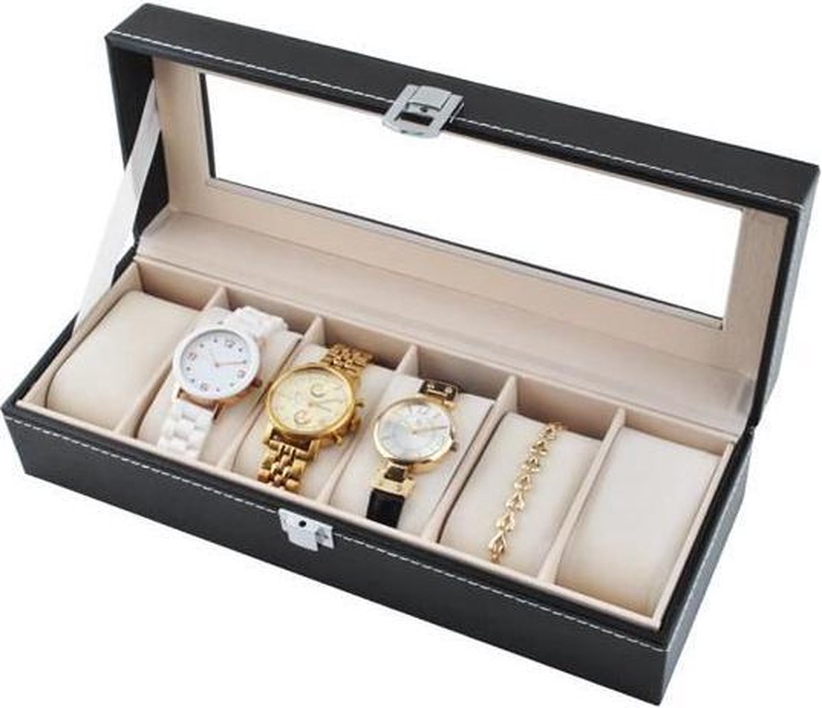 Luxe Horlogedoos Met Kussentjes - Horloge-Opbergbox Houder Kist - Opbergkist Heren-Dames - Zwart Leer - 6 Horloges Compartimenten