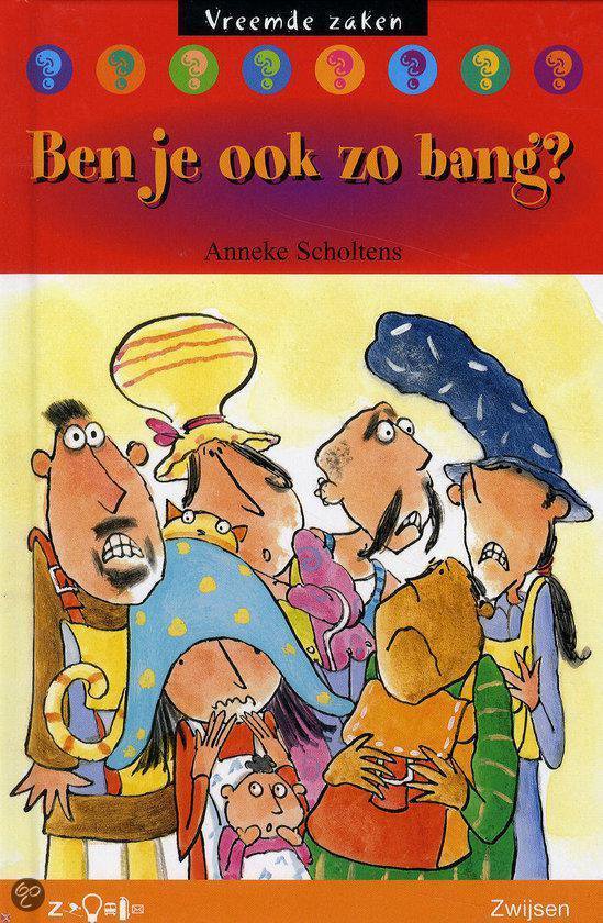 Boekcover met cartoonfiguren die elkaar angstig aankijken, met de titel 'Ben je ook zo bang?'