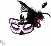 Feest masker Featherd Phantom kunststof masker met zwarte veren en rode roos