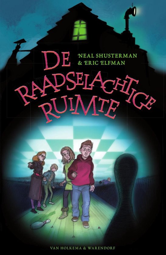Boekomslag met de titel 'De Raadselachtige Ruimte', kinderen staan voor een bowlingbaan met kegel.
