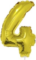 Gouden opblaas cijfer ballon 4 op stokje 41 cm