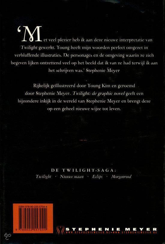 Achterkant van een boek met tekst over de "Twilight Graphic Novel".