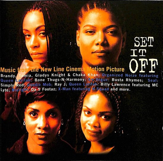 Titel van de soundtrack 'Set It Off' met vier vrouwen in een donkere omgeving. Muziek van de New Line Cinema Motion Picture.