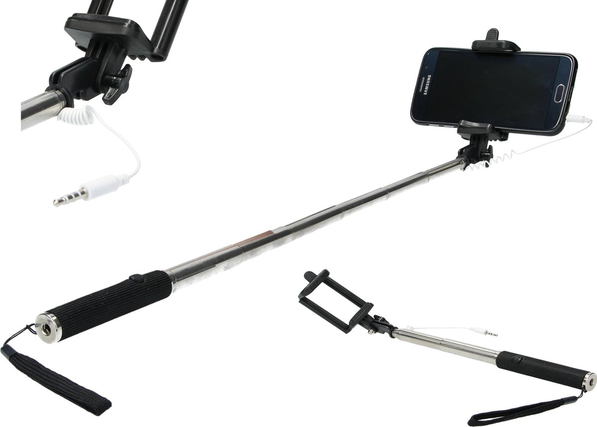 Zwarte Bekabelde Selfie Stick met Sluiterknop - Direct Klaar voor Gebruik - Werkt zonder Bluetooth | Geschikt voor alle Iphones en Galaxy S3 en Hoger