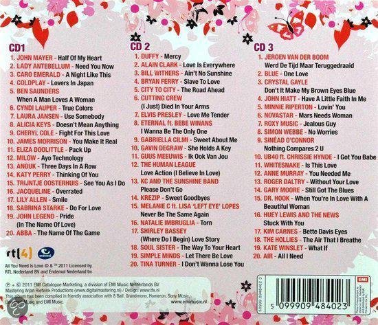 Achterkant cd-hoes met 3 cd's, titels van nummers en artiesten, logo's RTL 4 en EMI. Rood-witte achtergrond met bloemen en vlinders.