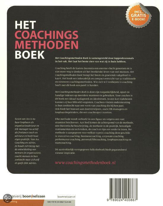 Boek met rode, roze en witte letters "Het Coachingsmethoden Boek"