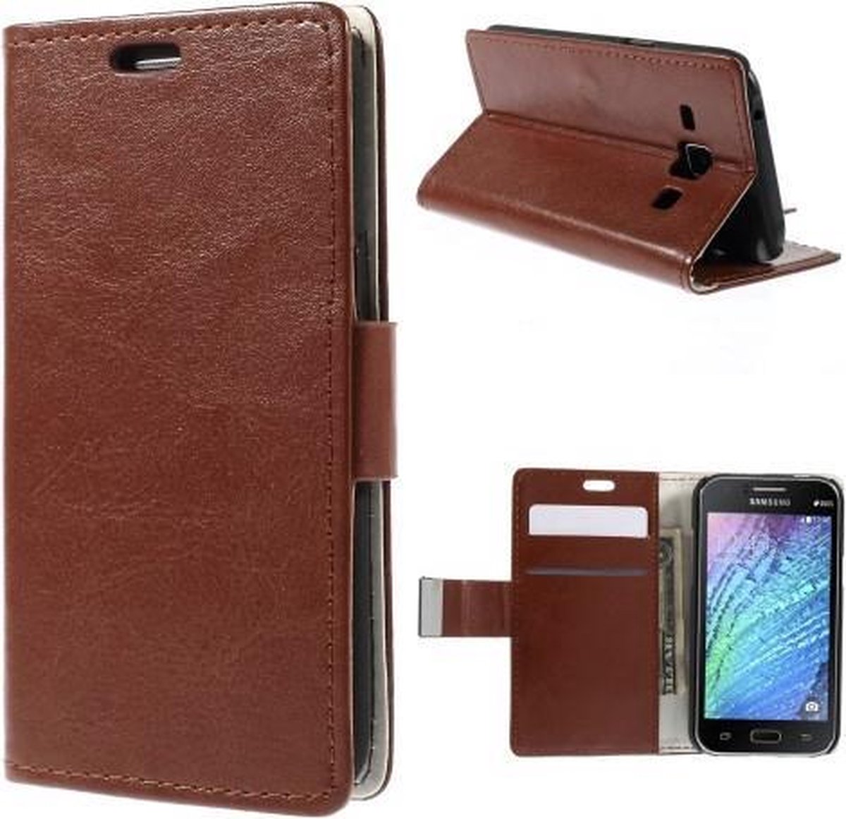 Magnetic bookcase wallet cover hoesje Geschikt voor: Samsung Galaxy J1 2015 bruin