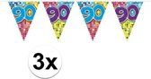 3x  Mini vlaggenlijn / slinger - verjaardag 90  jaar - 300 cm