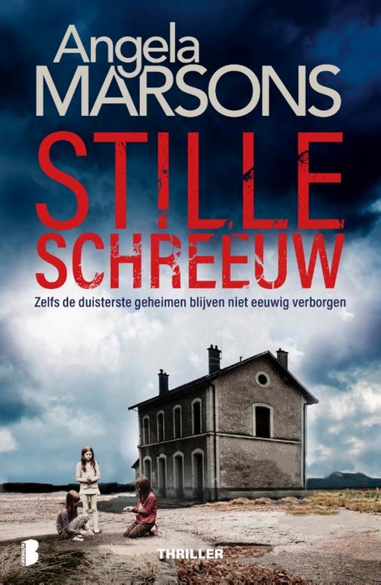 Boekcover 'Stille Schreeuw' van Angela Marsons met een spookachtig huis en twee kinderen.
