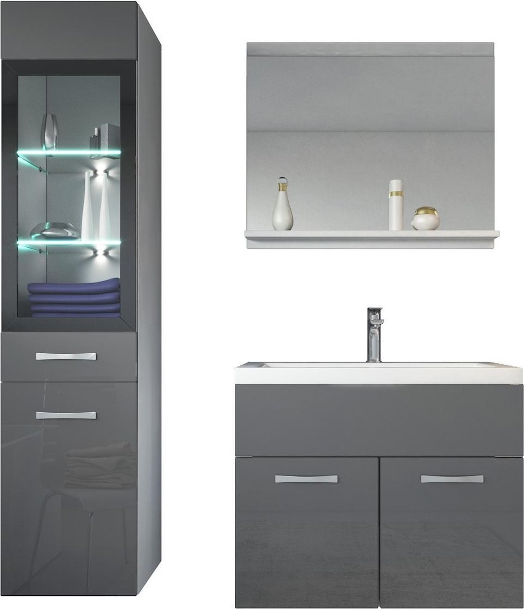 Badplaats Badkamermeubel Set Rio LED 60 cm x 35 cm - Grijs Hoogglans - Badmeubel met spiegel en zijkast