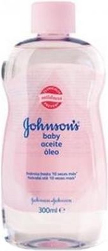 Johnson's baby olie fles van 300 ml met een roze dop. De fles is transparant met een roze gloed.