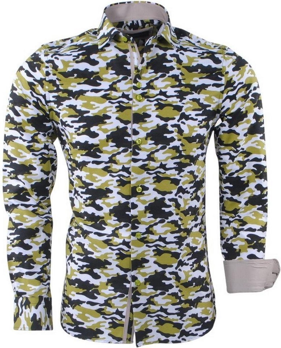 Montazinni - Heren Overhemd - Camouflage - Slimfit - Groen