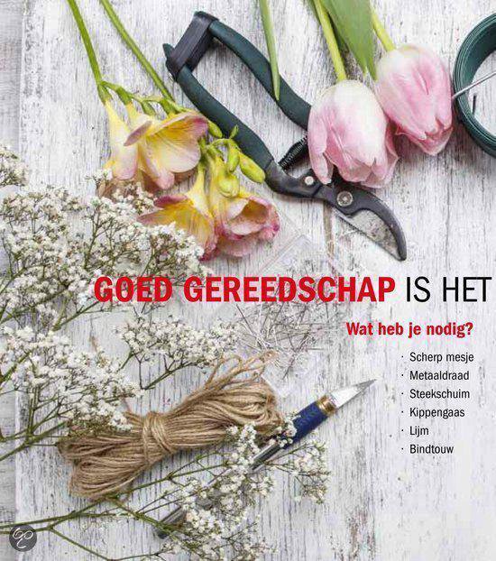 Bloemschikgereedschap: schaar, mesje, draad, steekschuim en tulpen.