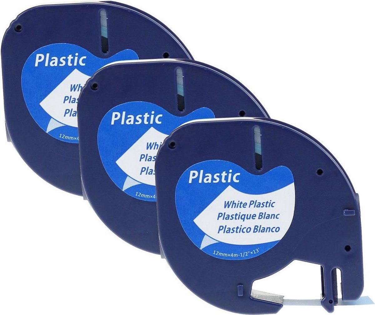 Plastic labels geschikt voor Dymo LetraTag 91201 en LT-100H - 12 mm x 4 m - Zwart op wit - 3 stuks - Merkloos