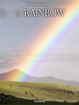 Boek kaft met de titel 'The Rainbow' D H Lawrence, met een regenboog over groene heuvels.