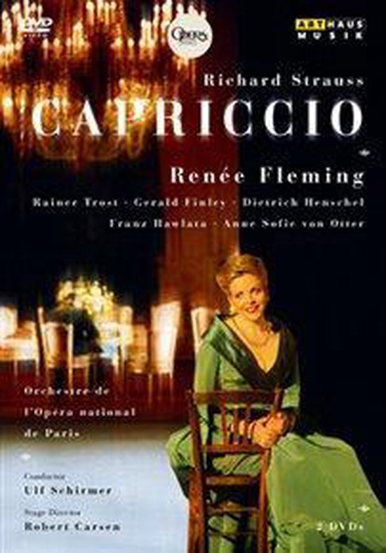 DVD hoes "Capriccio" met Renée Fleming in een groene jurk, zittend op een stoel. Achtergrond: restaurant met kroonluchters.