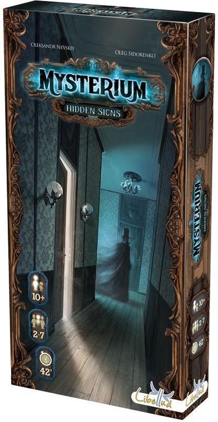 Doos van het bordspel Mysterium Hidden Signs met op de voorkant een gang met een spookfiguur.