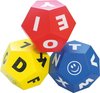 Afbeelding van het spelletje Set van 3 |12 kantige dobbelstenen met letters en een Smiley | Letterdobbelstenen set | Letter Dobbelsteen | Rood-Blauw en geel