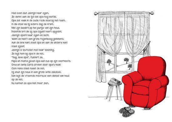 Illustratie van een woonkamer met een rode fauteuil, bijzettafel, gordijnen en een jongetje op een stoel. Tekst.