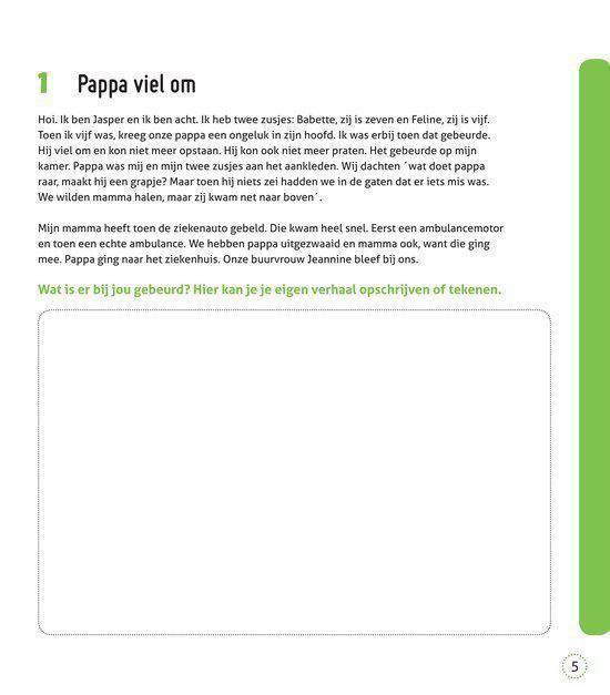 Boekpagina met titel 'Pappa viel om', tekst en een blanco schrijfruimte.