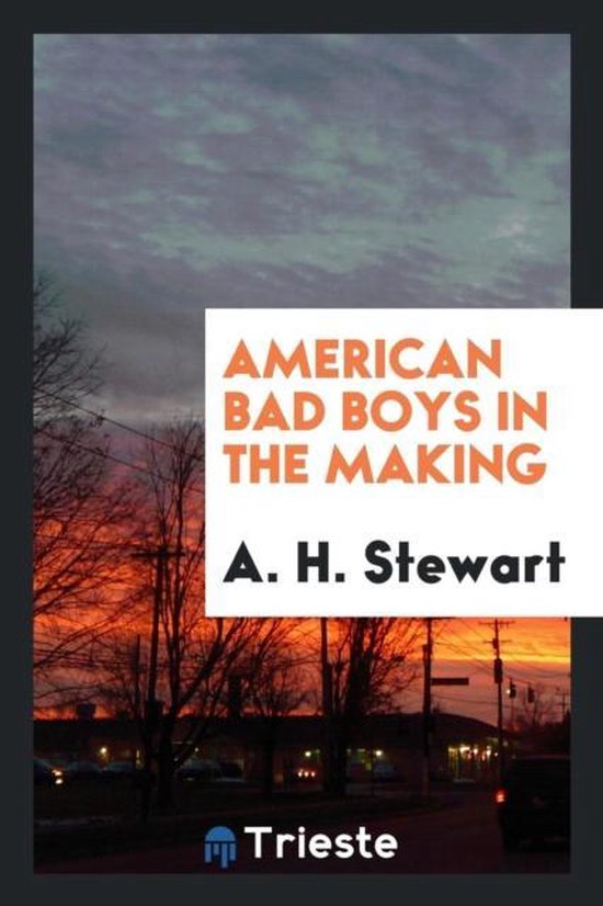 Boekcover met tekst "AMERICAN BAD BOYS IN THE MAKING A. H. Stewart Trieste" tegen een zonsondergang.
