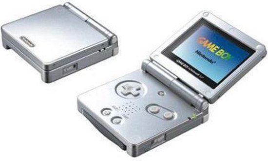 Zilveren Game Boy Advance SP-console, zowel dichtgeklapt als open met opstartscherm.