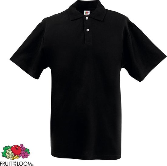 Zwart poloshirt met korte mouwen en knoopsluiting, met Fruit of the Loom-logo.