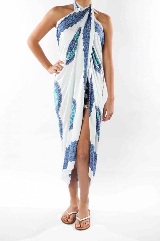 inval Booth streng Pareo Flower White Turquoise Blue - Pareo beach - zomer pareo - dames -  sarong -... | bol.com